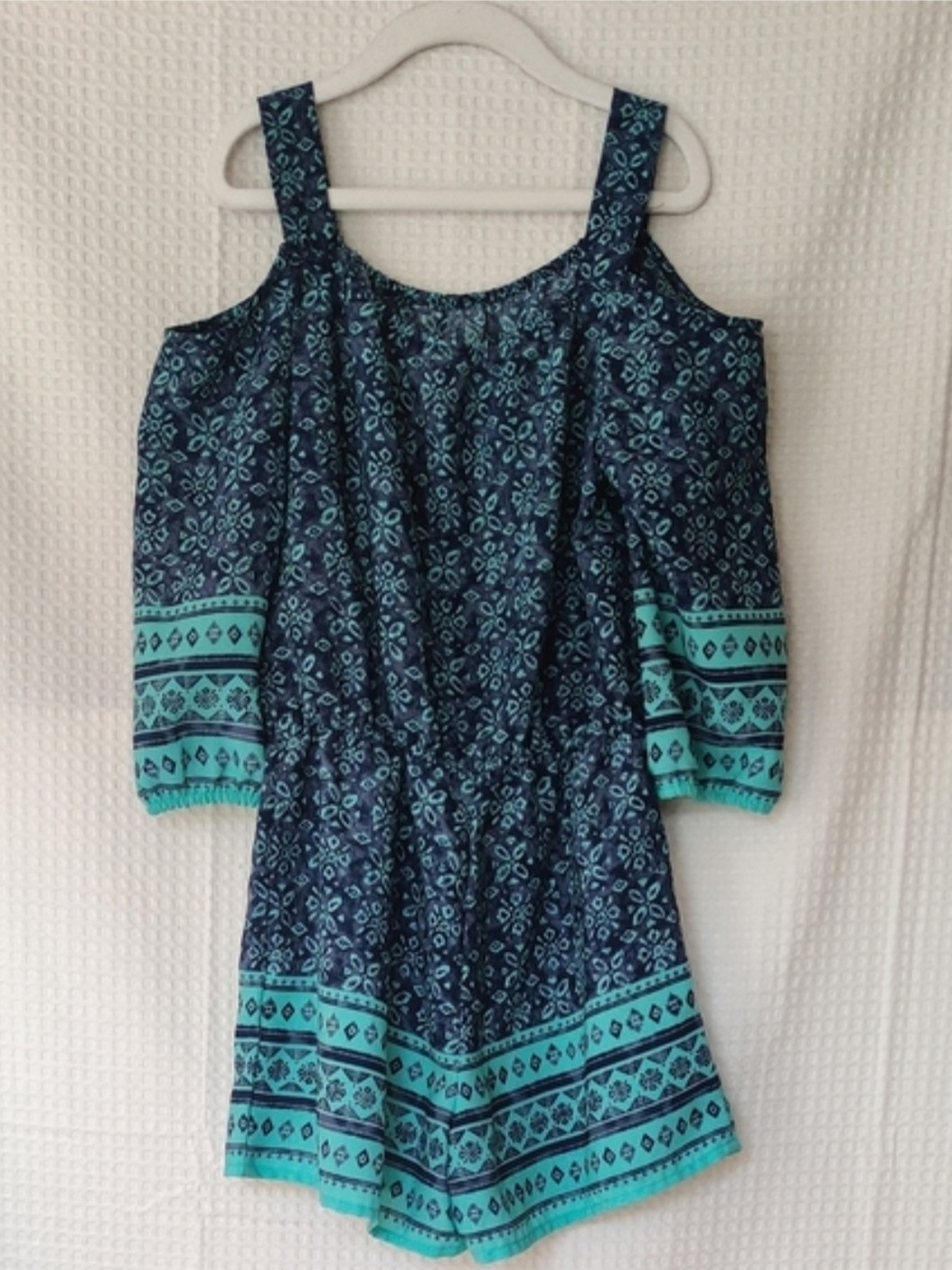Arizona Jeans Girls Navy and Teal Boho Print Cold Shoulder Romper Size 8💰